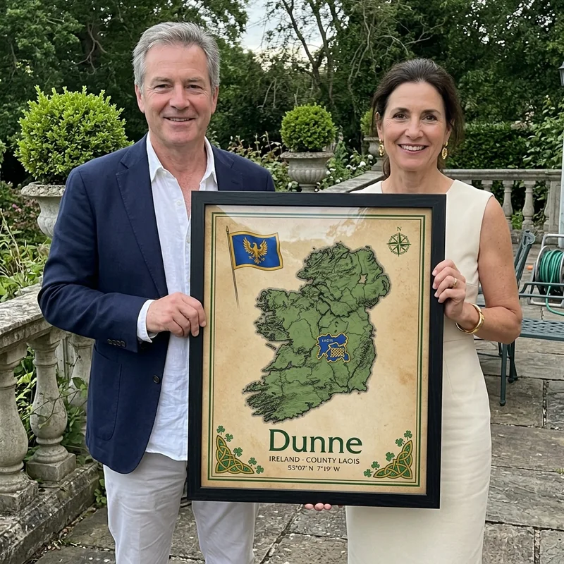 A couple in a garden holding the framed Dunne map of County Laois