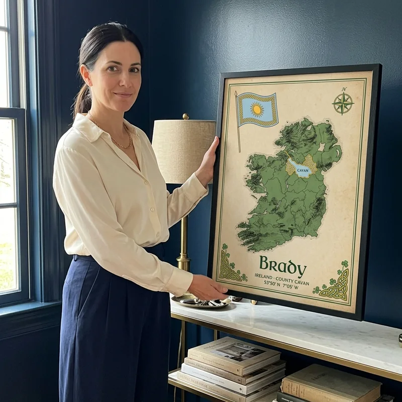 A woman setting the framed Brady map of County Cavan on a console table