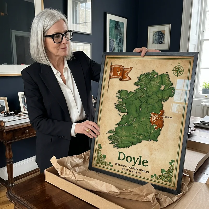 A woman lifting the framed Doyle map of County Dublin out of its box