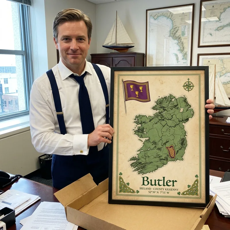 A man in his office holding the framed Butler map of County Kilkenny